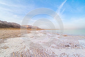 Salty coast of the Dead Sea.