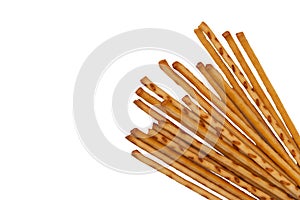 Salty cracker pretzel sticks isolated on white background