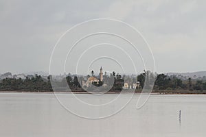 Salty lake and mosque on shore. Larnaca, Cyprus