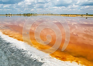 The salty shore of the lake of salt. The water looks red-orange due to a special algae.