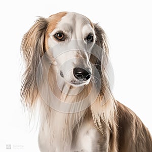 Saluki dog close up portrait isolated on white background. Cute pet, hunting dog, loyal friend,