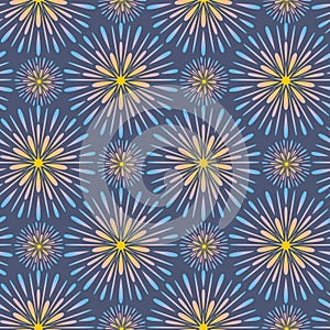 Salute holiday fireworks, purple event design for textile and packaging, background seamless pattern