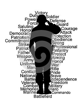 Saluting army soldier vector silhouette isolated on white background.