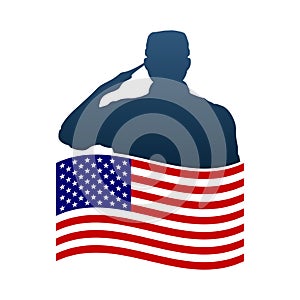 Saluting soldier silhouette with American flag