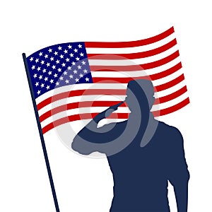 Saluting soldier silhouette with American flag