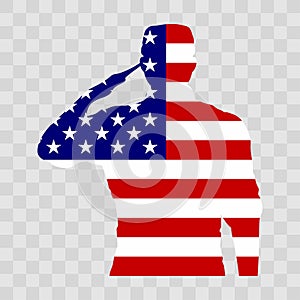 Saluting soldier silhouette with American flag
