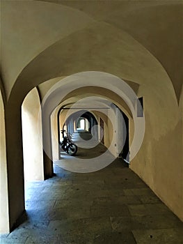 Saluzzo town, Piedmont region, Italy. Art, history, arches and splendid ancient alley