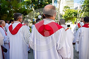 Catholic church priests attend a Palm Sunday mass