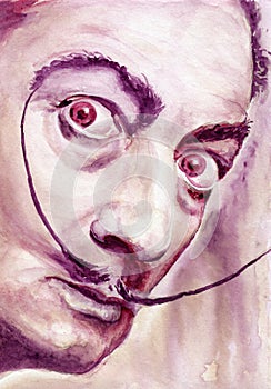Salvador Dali, spanish famous artist. Hand made beautiful portrait art painting with red dry wine and watercolor on paper texture