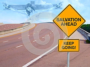 SALVATION AHEAD Road Sign w Jesus in Sky on Horizon photo