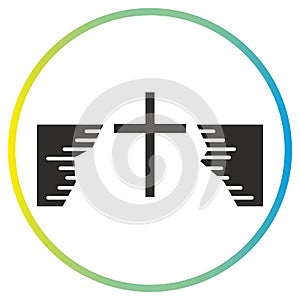 salvation path icon, christian cross above abyss, problem solution, flat symbol