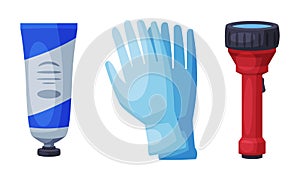 Salve in Tube, Flashlight and Medical Gloves Vector Set