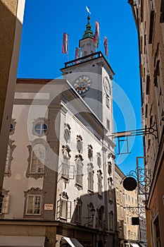 Salzburg, Austria, August 15, 2022. Fascinating shot of the town hall clock tower.