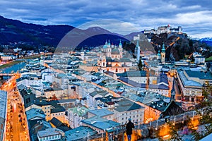 Salzburg, Austria. Festung Hohensalzburg fortress and Salzburger Dom.