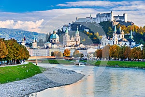 Salzburg, Austria. Festung Hohensalzburg, old city and Salzach River