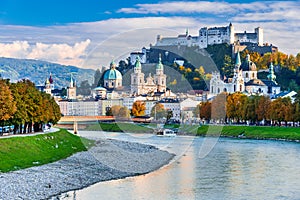 Salzburg, Austria. Festung Hohensalzburg, old city and Salzach River photo