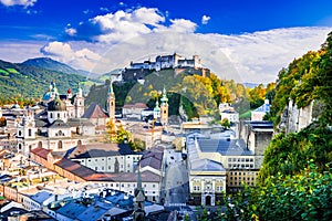 Salzburg, Austria. Hohensalzburg and oldtown, autumn scenic landscape