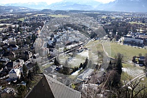 Salzburg / Austria - March 11, 2018: View of the winter city from the High Hohensalzburg Fortress.