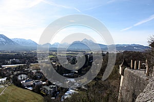 Salzburg / Austria - March 11, 2018: View of the winter city from the High Hohensalzburg Fortress.