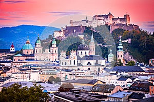 Salzburg, Austria. Sunset skyline of Festung Hohensalzburg, austrian scenic travel spot