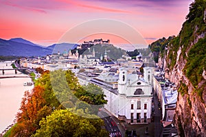 Salzburg, Austria. Sunset skyline of Festung Hohensalzburg, austrian scenic travel spot.