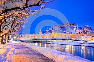 Salzburg, Austria: Winter viewof the historic city of Salzburg with famous Festung Hohensalzburg and Salzach river