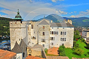 Salzburg Castle Festung Hohensalzburg with Alps at the background, Salzburg, Austria