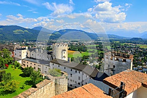 Salzburg Castle Festung Hohensalzburg with city suburbs at the background, Salzburg, Austria