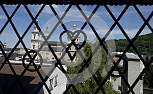 The Salzburg Cathedral from behind a window grille