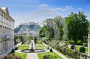 Salzburg city in Austria, with Mirabell Palace and Hohensalzburg Fortress