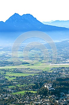 Salzburg city and basin, and Chiemgau Alps, as seen from Gaisberg mountain