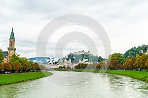 Salzburg City with Festung Hohensalzburg and Salzach river