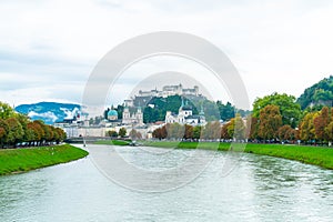 Salzburg City with Festung Hohensalzburg and Salzach river