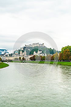 Salzburg City with Festung Hohensalzburg and Salzach river