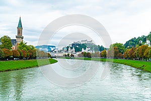 Salzburg City with Festung Hohensalzburg and Salzach river