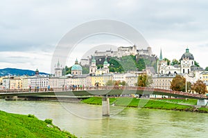 Salzburg City with Festung Hohensalzburg and Salzach river