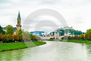 Salzburg City with Festung Hohensalzburg and Salzach river