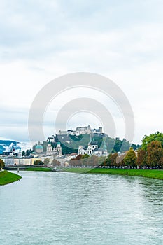 Salzburg City with Festung Hohensalzburg and Salzach river