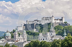 Salzburg Fortress (Festung Hohensalzburg) seen from Salzach rive