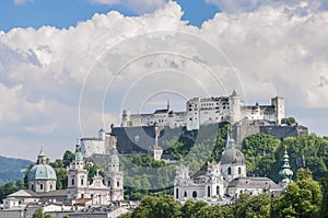 Salzburg Fortress (Festung Hohensalzburg) seen from Salzach rive