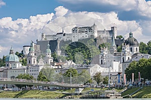 Salzburg Fortress (Festung Hohensalzburg) seen from Salzach rive