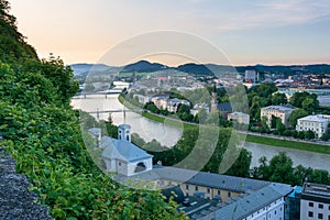 Salzburg historic center and old town from the Kapuzinerberg Hill