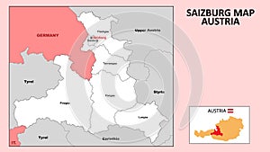 Salzburg Map. State and district map of Salzburg. Administrative map of Salzburg with district and capital in white color