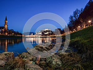 Salzburg at night, near River Salzach, Salzburg, Austria