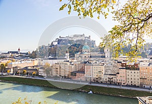 Salzburg old city in autumn, colorful sunshine, Austria