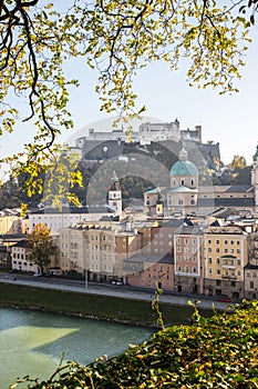 Salzburg old city in autumn, colorful sunshine, Austria