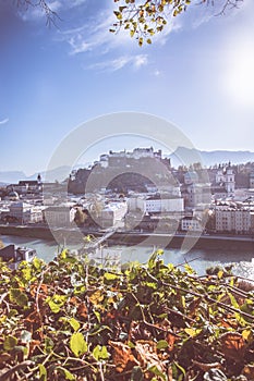 Salzburg old city in autumn, colorful sunshine, Austria