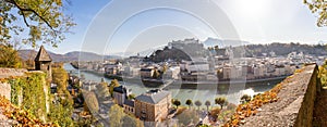 Salzburg old city in autumn, colorful sunshine, Austria. Panorama