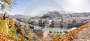 Salzburg old city in autumn, colorful sunshine, Austria. Panorama