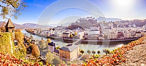 Salzburg old city in autumn, colorful sunshine, Austria. Panorama